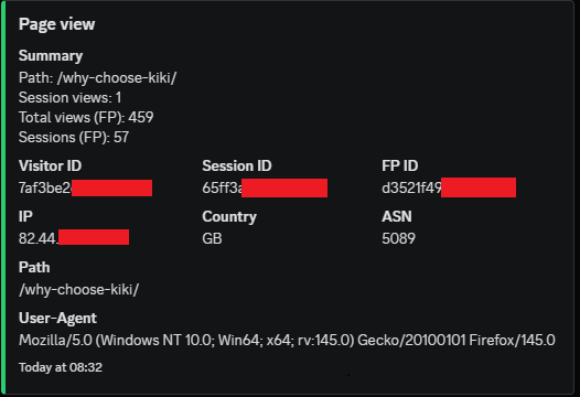 Redacted Ki-Ki basic fingerprint example showing device IDs, ASN, and referrer context