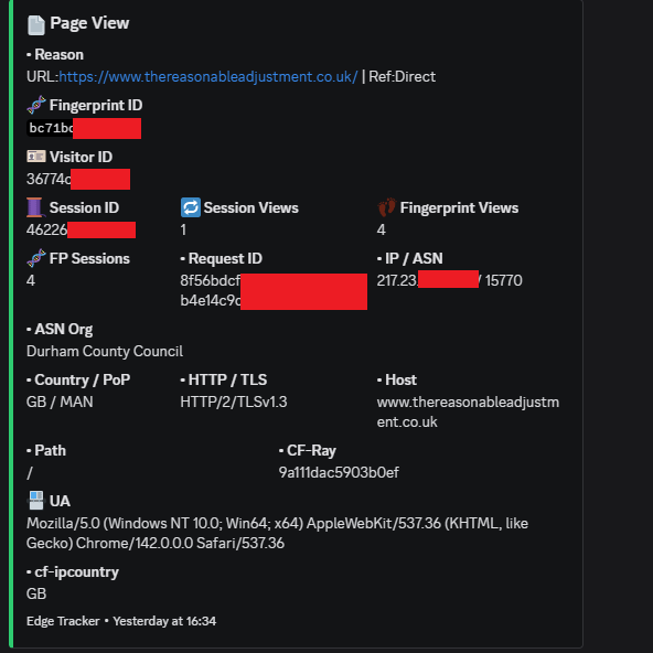 Redacted Edge Tracker example identifying a UK county council ASN and device entropy traits
