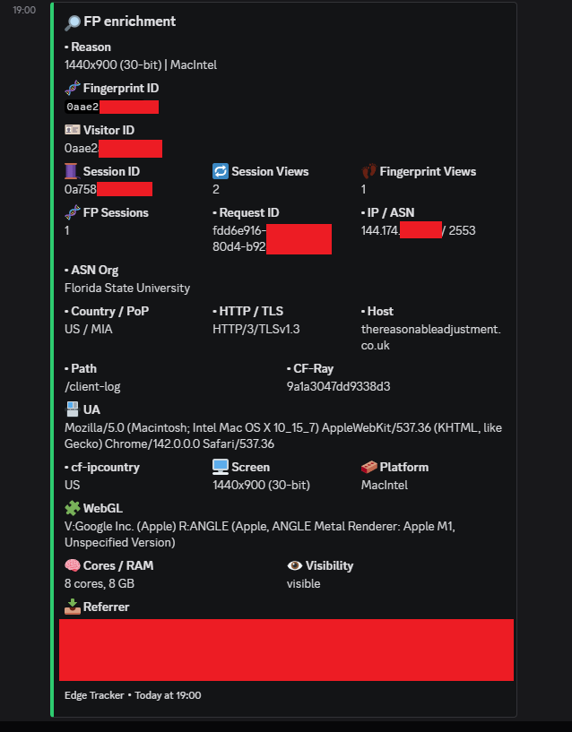 Redacted Edge Tracker example identifying Florida State University ASN and MacIntel device profile