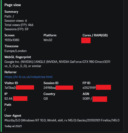 Redacted Ki-Ki standard fingerprint example with full device, ASN, and referrer context